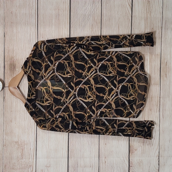 Ever B Mediun Black Brown Chain Women's Long Sleeve Blouse Top - Picture 3 of 5